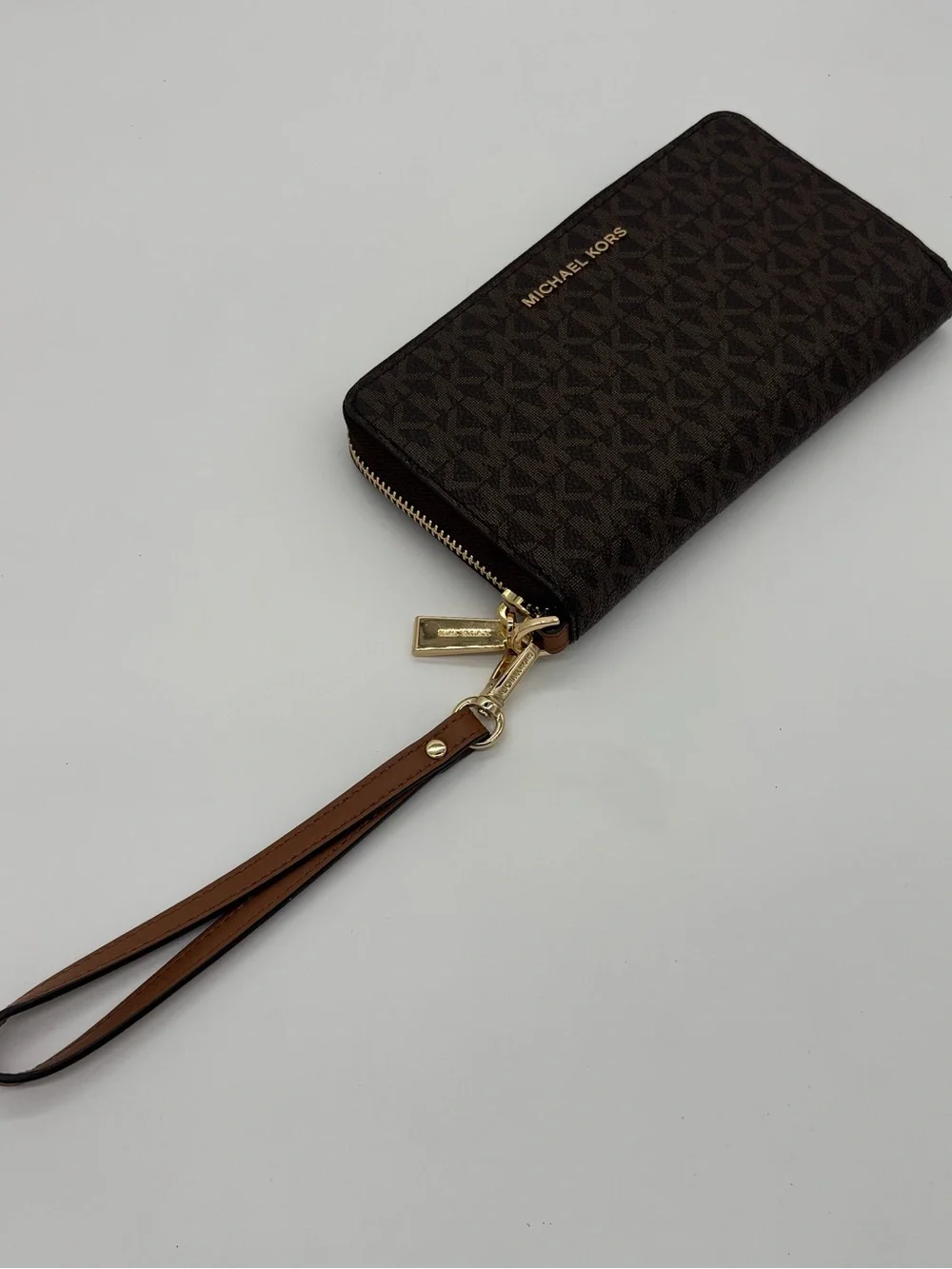 Michael Kors Brown MK Logo Zip-Around Wristlet with Gold Hardware
